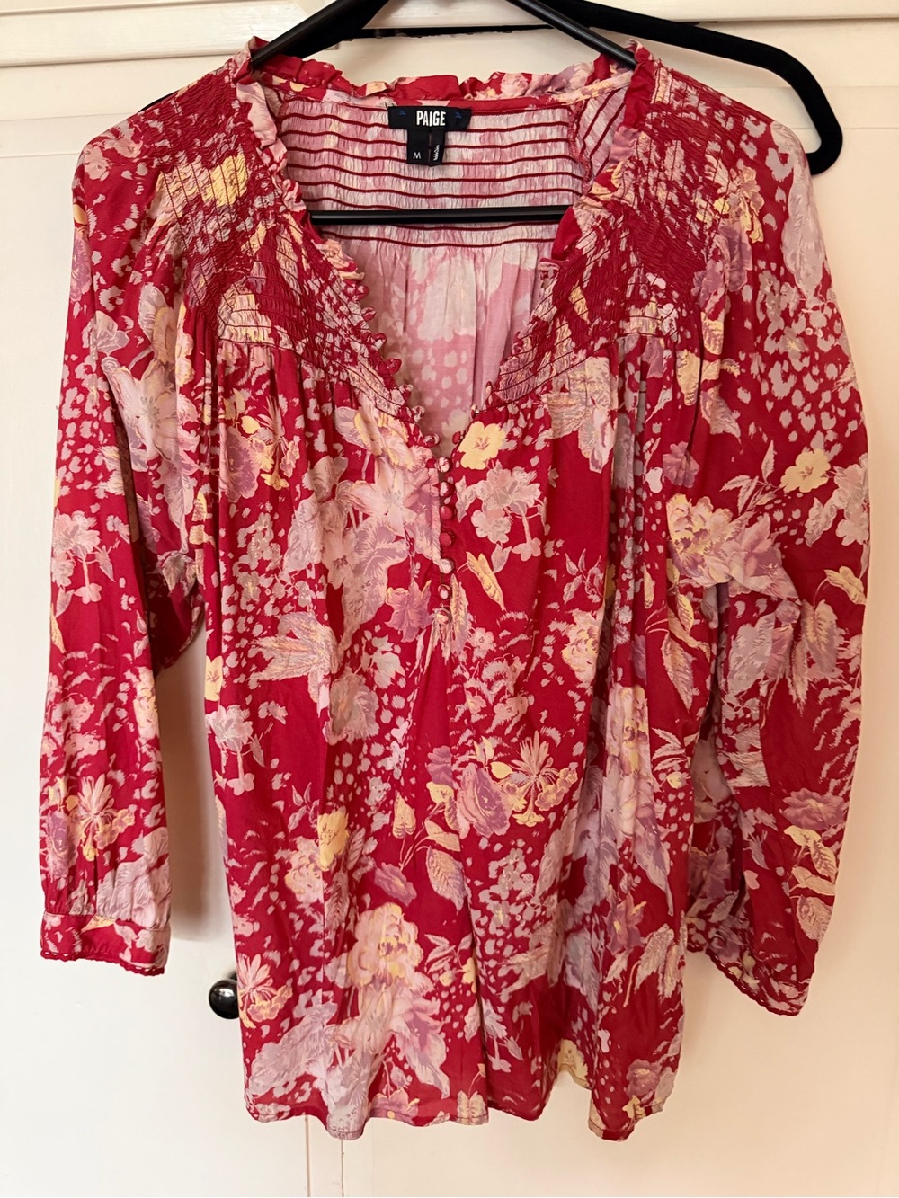 PAIGE Jaylee muted Red Multi Jungle Cat Floral Smocked V-Neck Tunic